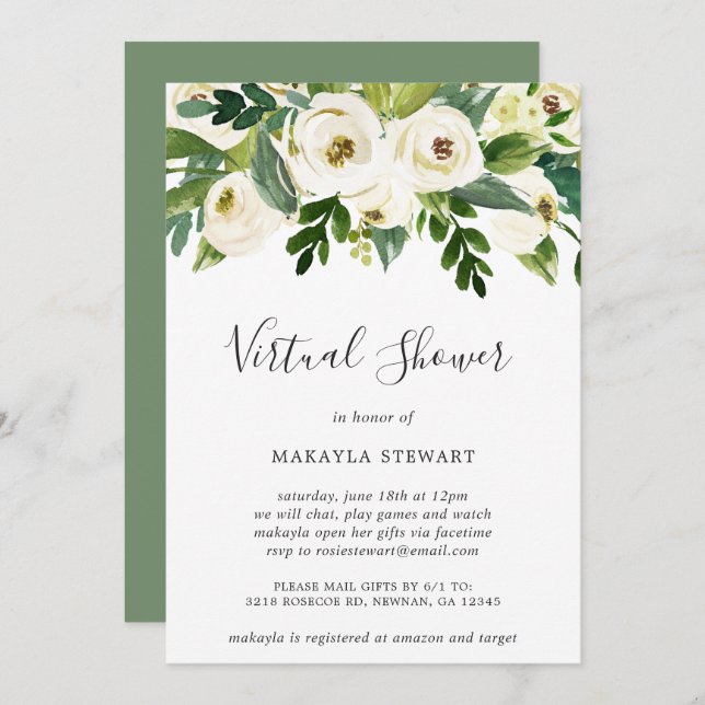 Virtual Bridal Shower White Floral Greenery Invitation (Front/Back)