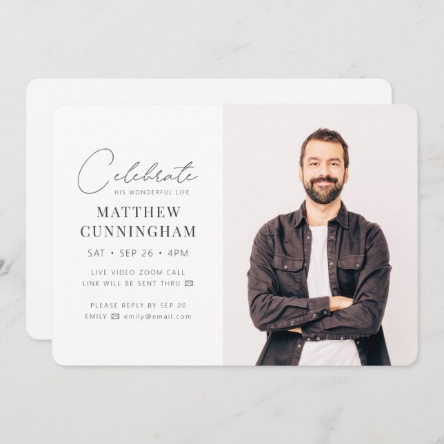 Virtual Celebrate His Life Modern Simple Photo Invitation (Front/Back)