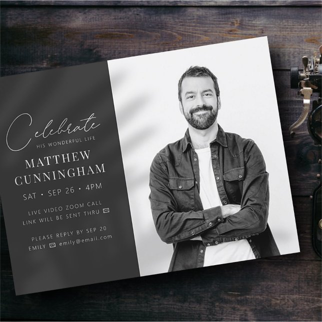 Virtual Celebrate His Life Modern Simple Photo Invitation Postcard (Creator Uploaded)