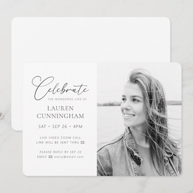 Virtual Celebration of Life Modern Simple Photo Invitation (Front/Back)