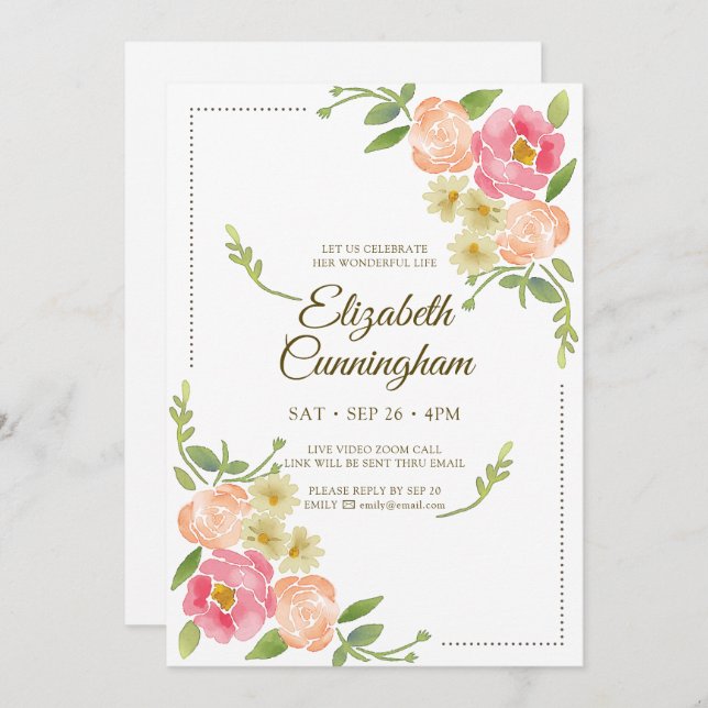 Virtual Celebration of Life Watercolor Florals Invitation (Front/Back)