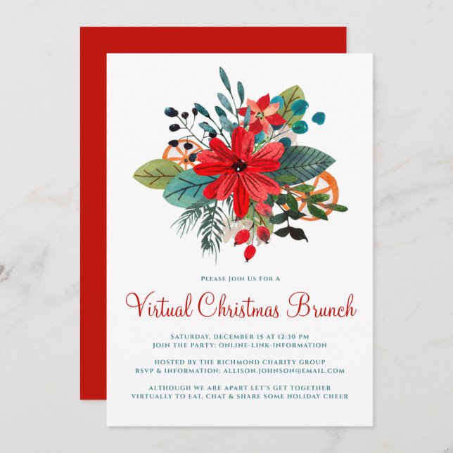 Virtual Christmas Brunch Winter Florals Fruit Invitation (Front/Back)