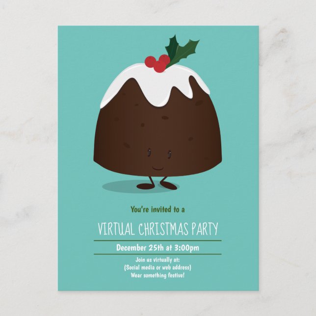 Virtual Christmas Party Pudding Teal White Cartoon Invitation Postcard (Front)