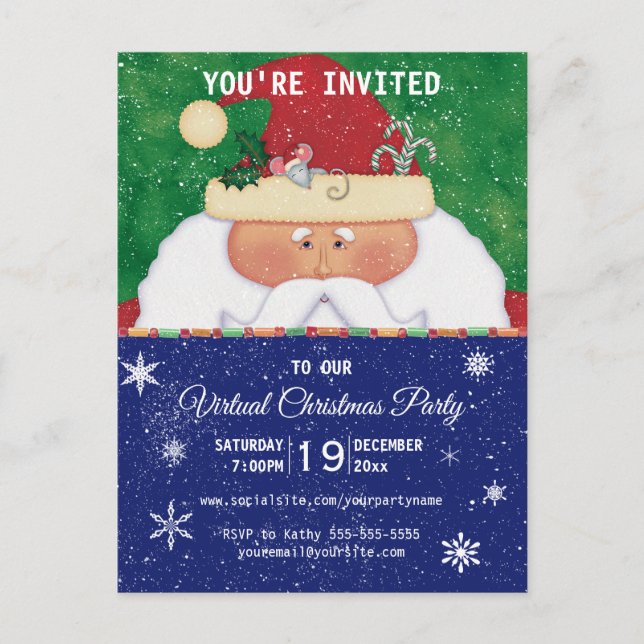 Virtual Christmas Party Santa with Mouse Holiday Invitation Postcard (Front)