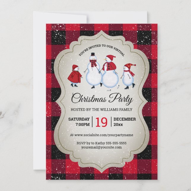 Virtual Christmas Party Snowman Red Buffalo Plaid Invitation (Front)