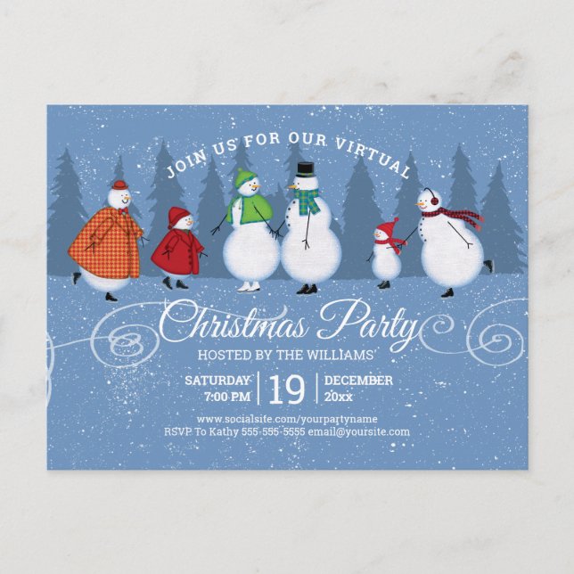 Virtual Christmas Party Snowman Skating Pine Trees Invitation Postcard (Front)