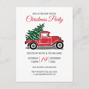 Virtual Christmas Party Vintage Red Truck Tree Invitation Postcard