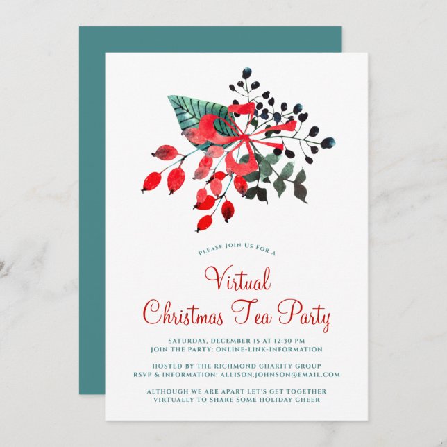 Virtual Christmas Tea Party Winter Berries Floral Invitation (Front/Back)