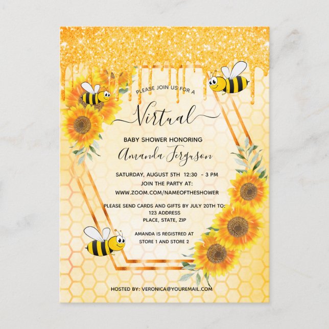 Virtual cute bee glitter sunflowers baby shower postcard (Front)