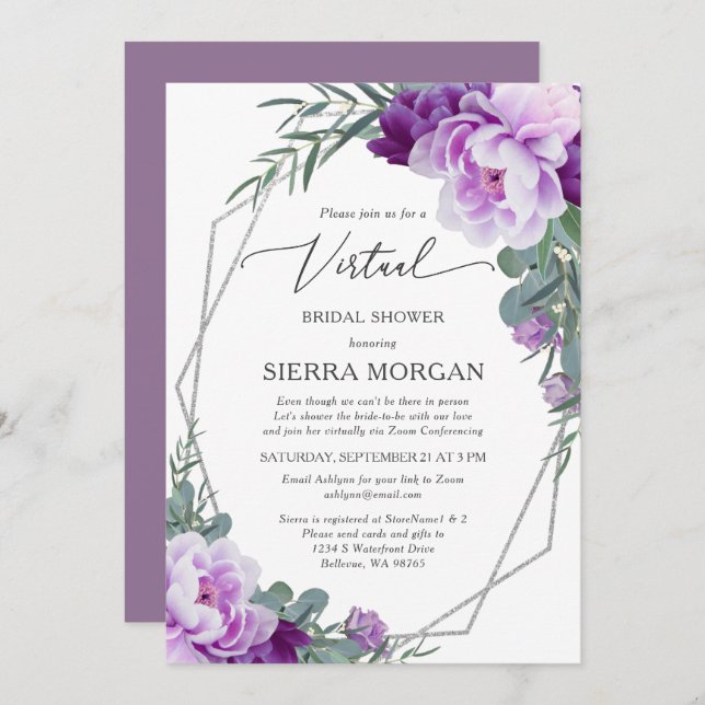 Virtual Elegant Silver Purple Floral Bridal Shower Invitation (Front/Back)