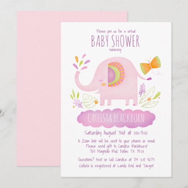 Virtual Elephant Cute Pink Girl Baby Shower Invitation (Front/Back)