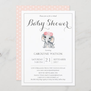 Virtual Elephant Pink Baby Shower Invitation