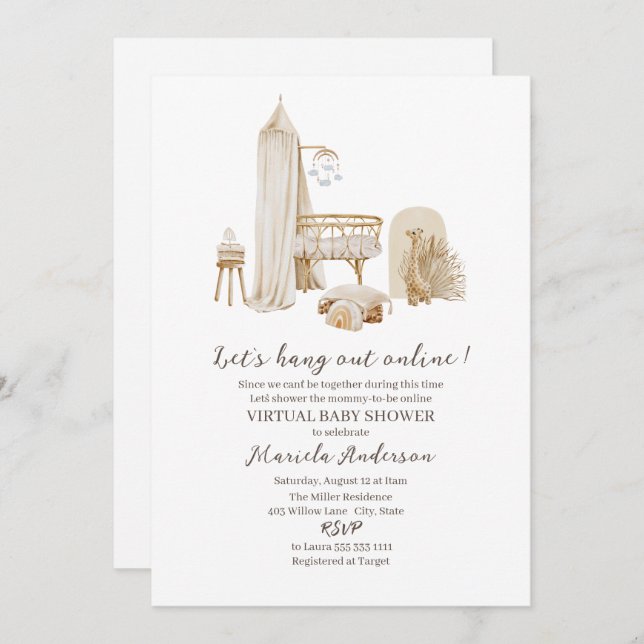 Virtual Gender Neutral Boho Nursery Mobile Baby Sh Invitation (Front/Back)