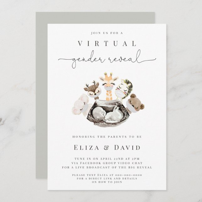  Virtual Gender Reveal He or She Animals Faux Gold Invitation (Front/Back)