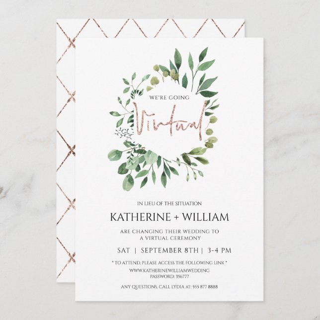 Virtual Gold Eucalyptus Greenery Geometric Wedding Invitation (Front/Back)