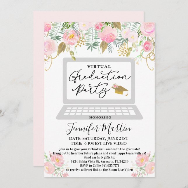 Virtual Graduation Party Floral Invitation (Front/Back)