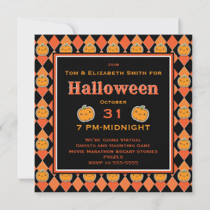 Virtual Halloween Kawaii Jack-o-lantern Argyle Invitation