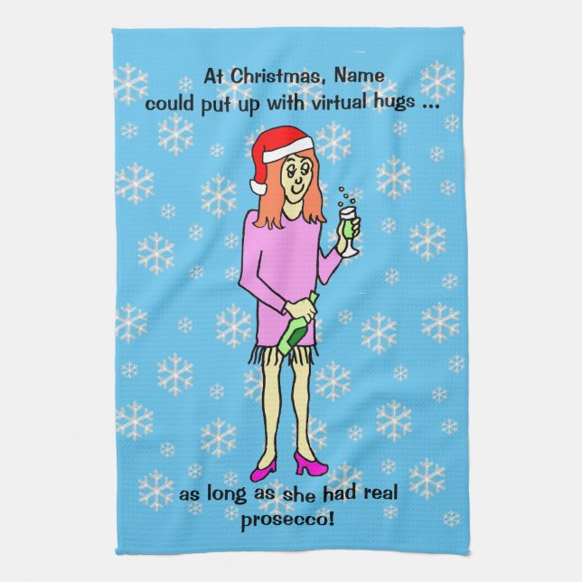 Virtual Hugs Prosecco Christmas Tea Towel (Vertical)