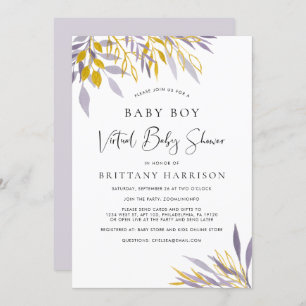 Virtual Lavender Gold Floral Baby Boy Shower Invitation
