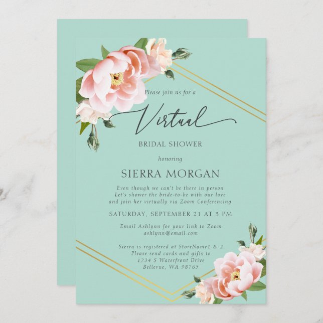 Virtual Mint Green Blush Floral Gold Bridal Shower Invitation (Front/Back)
