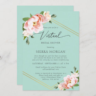 Virtual Mint Green Blush Floral Gold Bridal Shower Invitation
