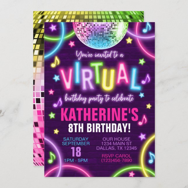 Virtual Neon Glow in the Dark Birthday Invitation (Front/Back)
