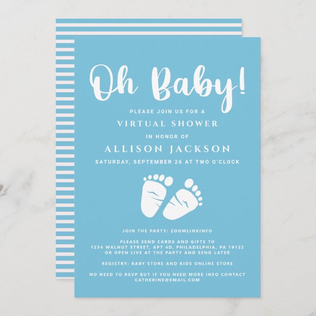 Virtual Oh Baby Boy Shower Baby Feet Blue White Invitation (Front/Back)