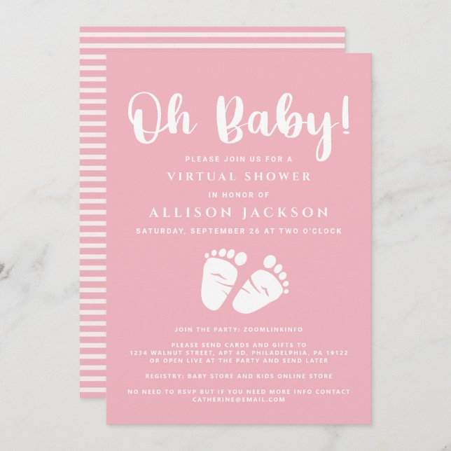 Virtual Oh Baby Girl Shower Baby Feet Pink White Invitation (Front/Back)