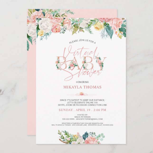Virtual Online Baby Shower Rose Gold Pink Floral Invitation (Front/Back)