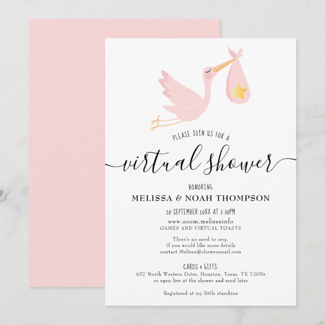 Virtual Online Long Distance Pink Baby Shower Invitation (Front/Back)