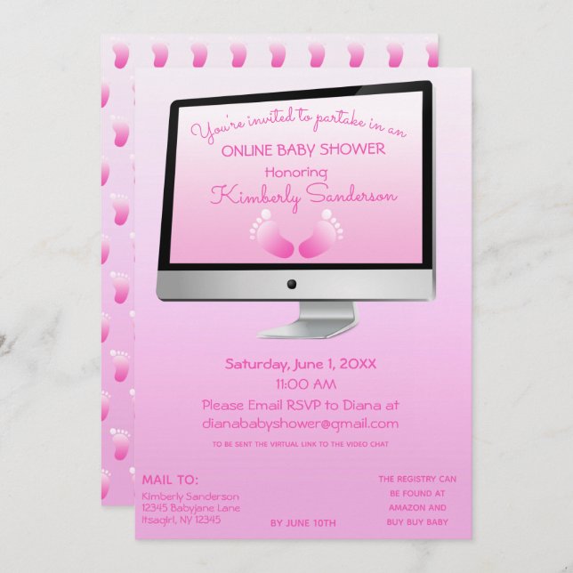 Virtual Online Long Distance Shower Baby Girl Feet Invitation (Front/Back)