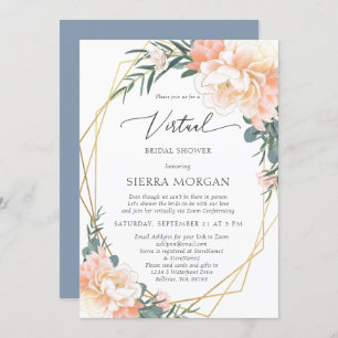 Virtual Peach Floral Gold Dusty Blue Bridal Shower Invitation