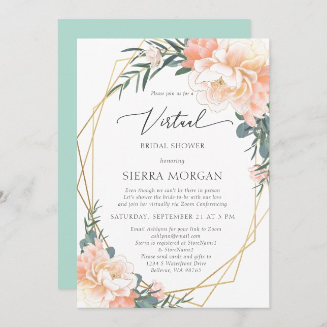 Virtual Peach Floral Gold Mint Green Bridal Shower Invitation (Front/Back)
