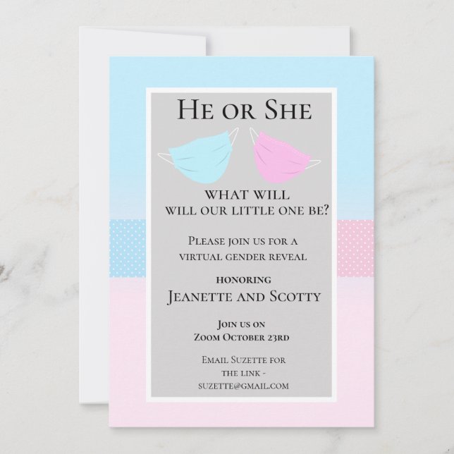 Virtual Pink Blue Gender Reveal 2020 facemasks Invitation (Front)