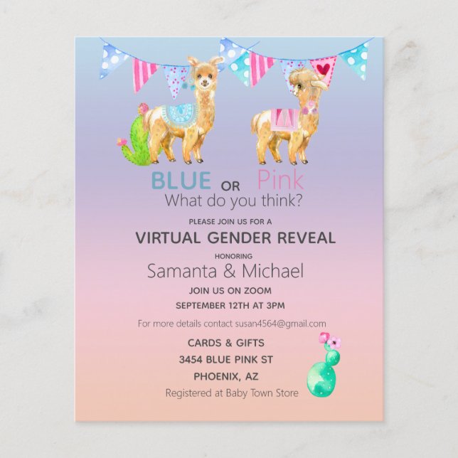 Virtual Pink Blue Llama Watercolor Gender Reveal I Flyer (Front)