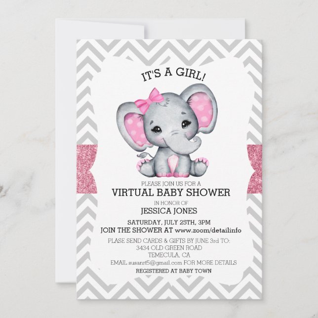 Virtual Pink Elephant Chevron Glitter Baby Shower Invitation (Front)