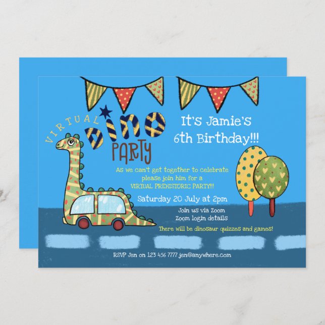 Virtual Prehistoric Dinosaur Boys Birthday Party Invitation (Front/Back)
