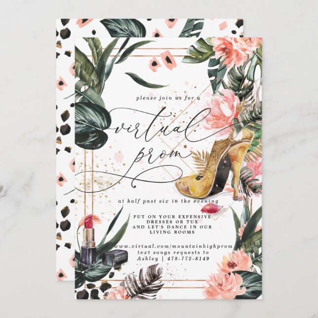 Virtual Prom Party | Pink Floral Tropical Greenery Invitation (Front/Back)