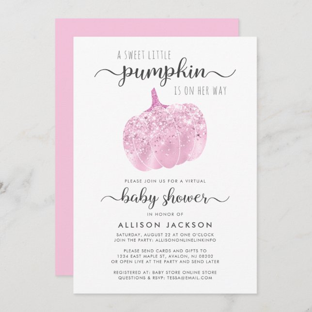 Virtual Pumpkin Pink Glitter Sparkle Baby Shower Invitation (Front/Back)