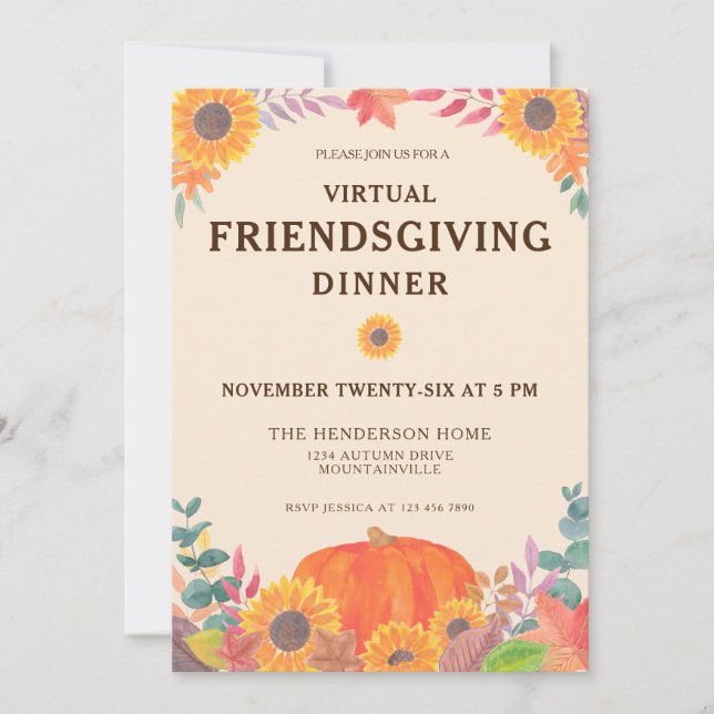 Virtual Pumpkin Sunflowers Friendsgiving Dinner Invitation (Front)