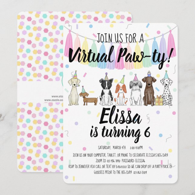 Virtual Puppy Dog Girl Birthday Pawty Invitation (Front/Back)