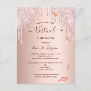Virtual Quinceanera rose gold glitter invitation Postcard