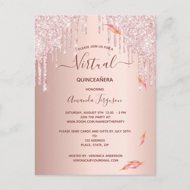 Virtual Quinceanera rose gold glitter invitation Postcard (Front)