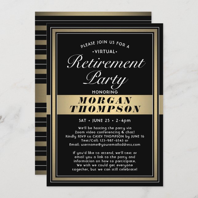 Virtual Retirement Party Black White and Gold Invitation (Front/Back)