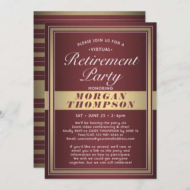 Virtual Retirement Party Burgundy White and Gold Invitation (Front/Back)