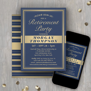 Virtual Retirement Party Navy Blue White and Gold Invitation