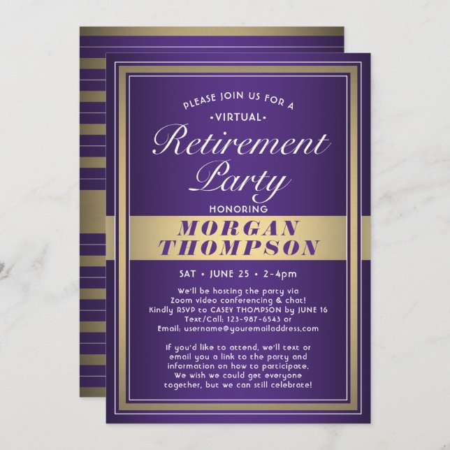 Virtual Retirement Party Purple White and Gold Invitation (Front/Back)