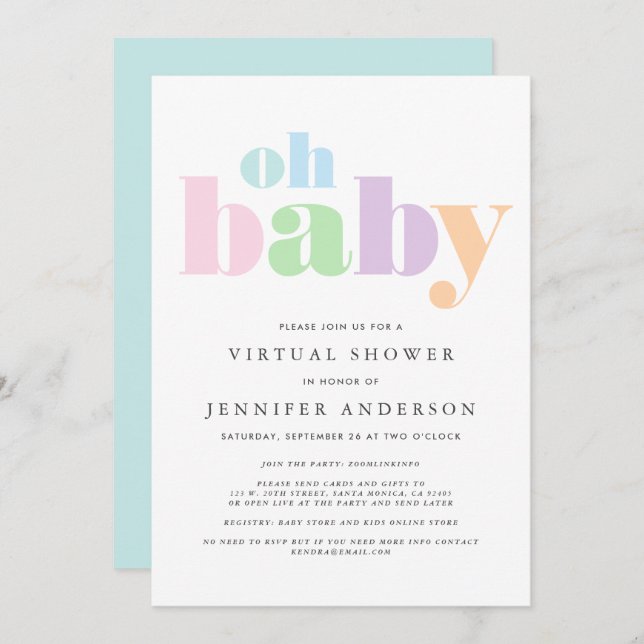 Virtual Shower | Oh Baby Pastel Minimal Modern Invitation (Front/Back)