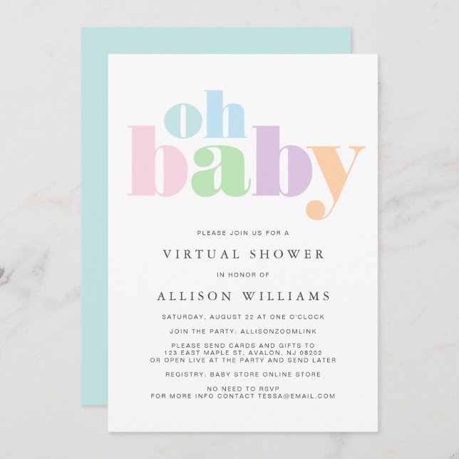 Virtual Shower Oh Baby Pastel Modern Typography Invitation (Front/Back)