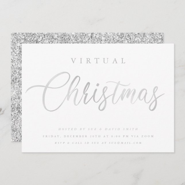 VIRTUAL Silver White Christmas Online Party Invitation (Front/Back)